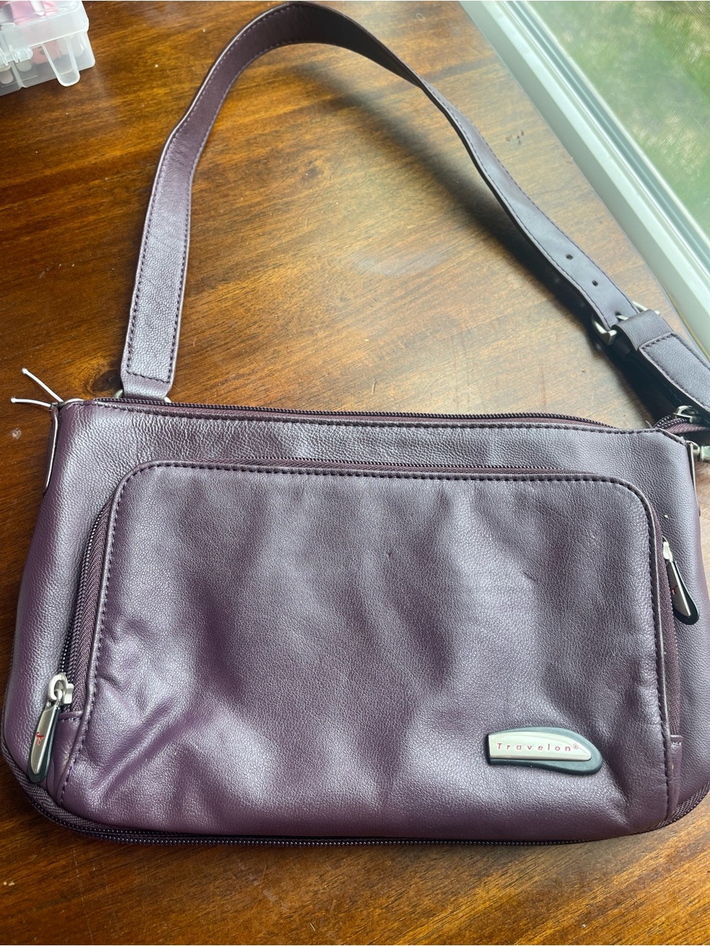 Travelon Plum Leather Bag with Front Zip Pocket